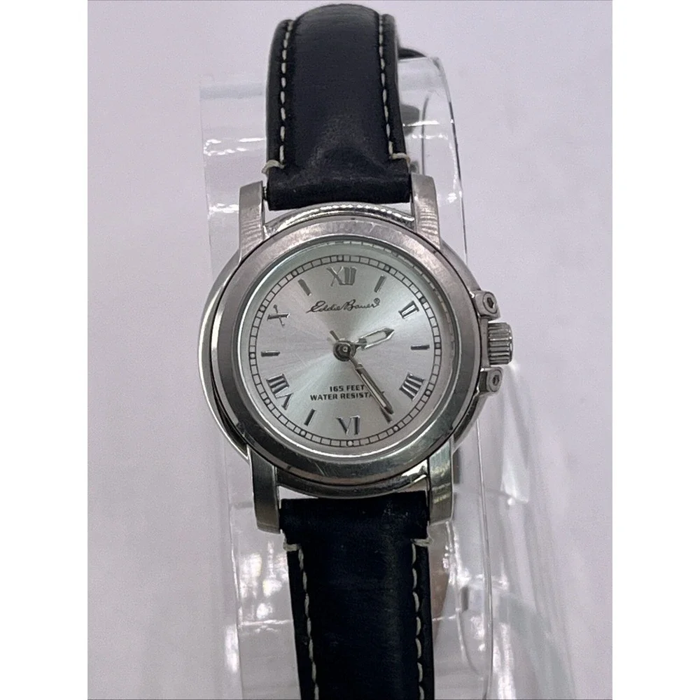 Eddie Bauer Women's Quartz Watch Black Leather Band‎ 28mm Case- New Battery